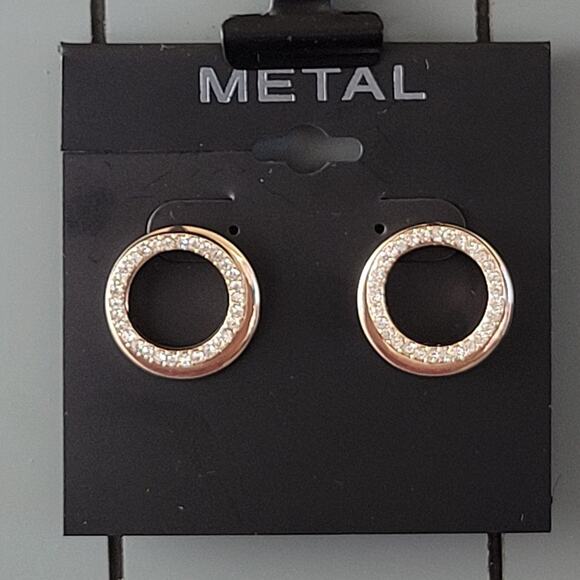 Rose Gold Circle Earrings with Crystal Accents, Metal Studs, Classic Style - Picture 7 of 9